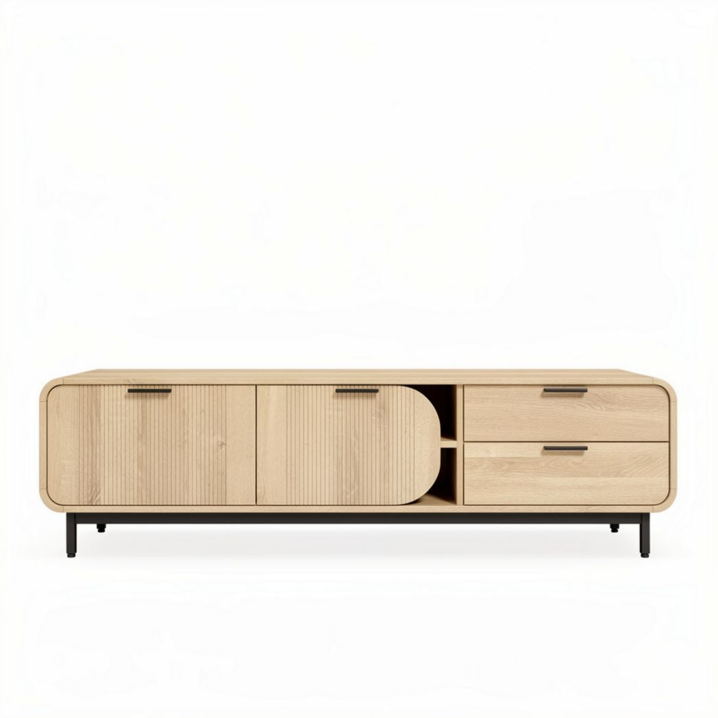 Meuble TV en bois clair avec rangements de dimensions 120 x 40 x 50cm
