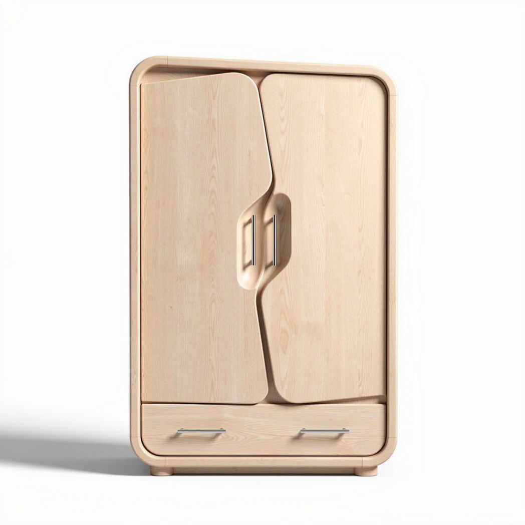 Armoire en bois clair avec portes ondulées et tiroirs 80 x 50 x 120cm